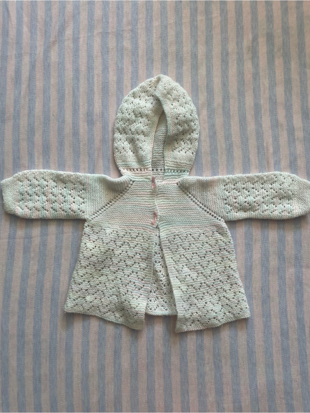 Blue and pink Hooded Knit Baby Sweater in Light Mint with pink bows